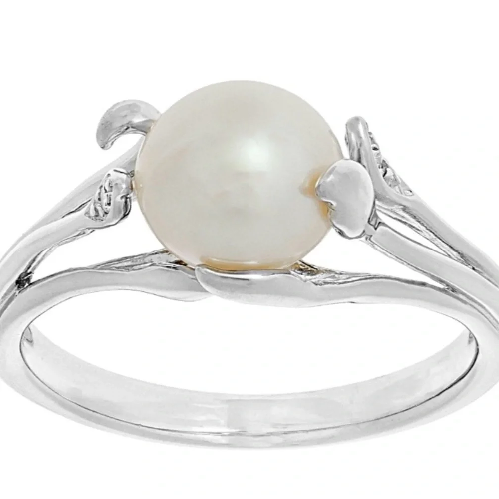 White Cultured Freshwater Pearl & White Zircon Rhodium Over Sterling Silver Ring